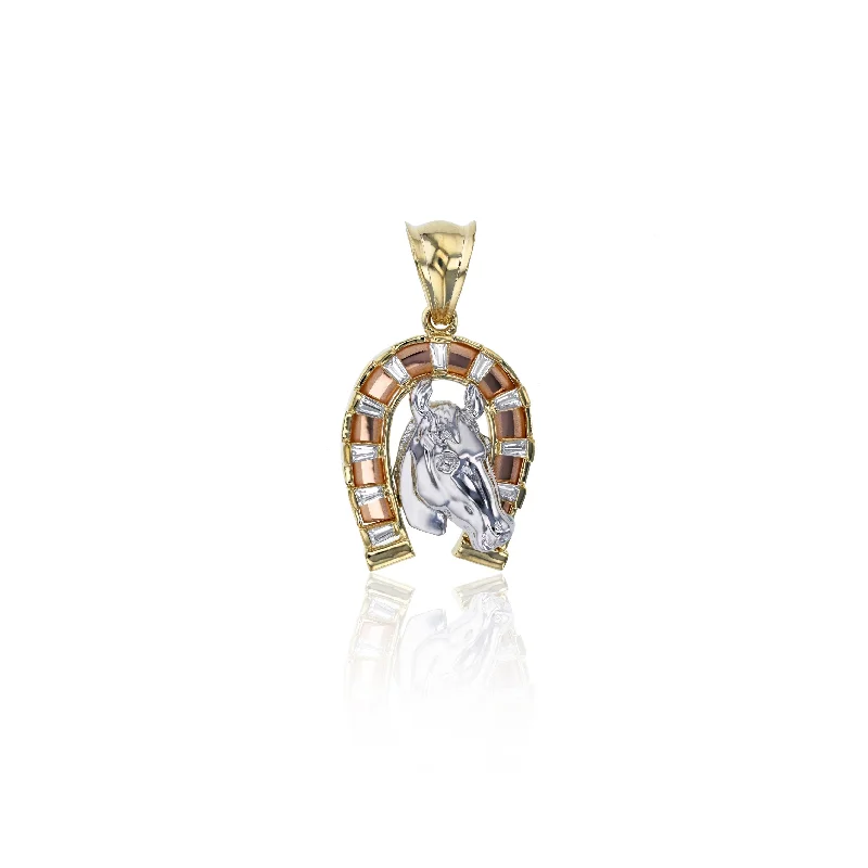 vintage art deco engagement ring Tricolor Gold Tapered Baguette Cut Horse in Horseshoe Pendant (14K)
