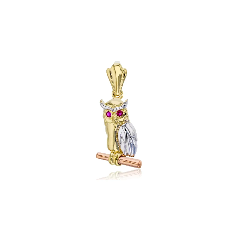 wide gold cuff bracelet Tricolor Owl Pendant (14K)