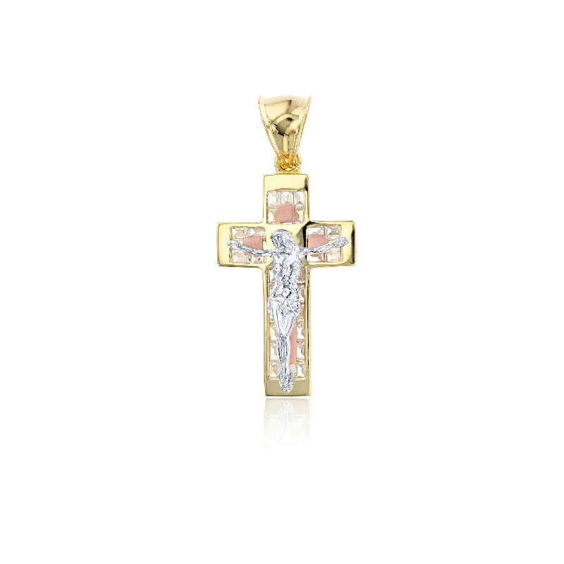 silver hoop earrings small Tricolor Pave Baguette Cut Crucifix Cross Pendant (14K) silver hoop earrings small Tricolor Pave Baguette Cut Crucifix Cross Pendant (14K)
