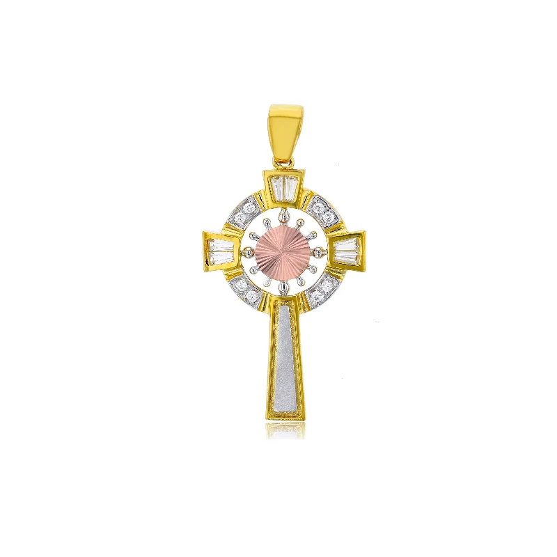 luxury emerald ring platinum Tricolor Round Weel Cross Pendant (14K)