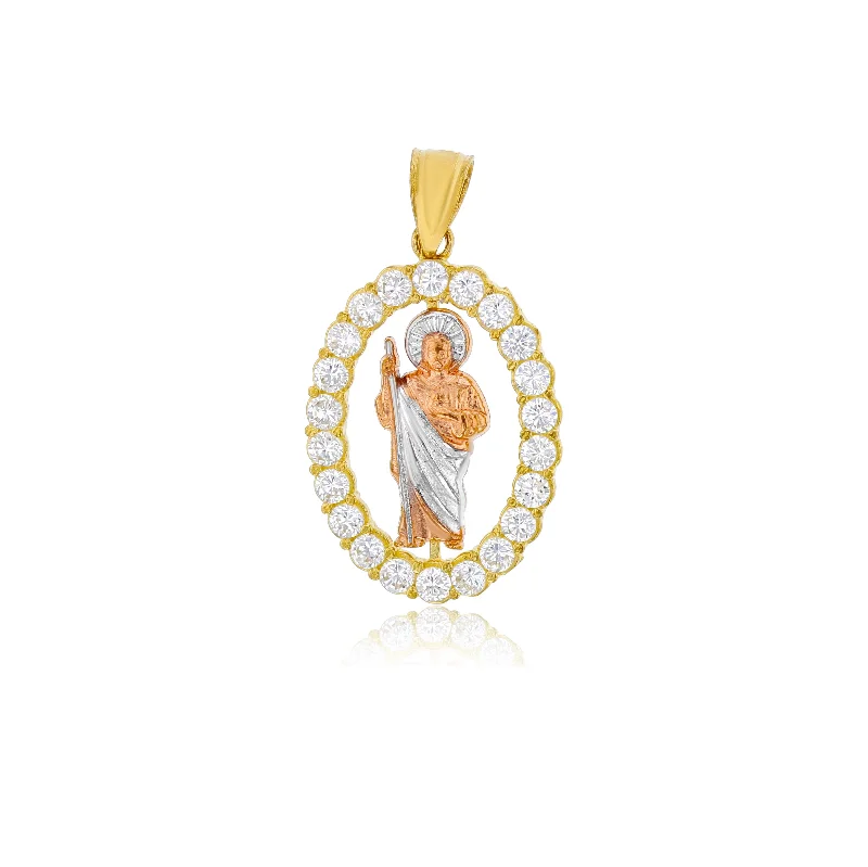 eternity ring for anniversary Tricolor Saint Jude Oval CZ Frame Pendant (14K)
