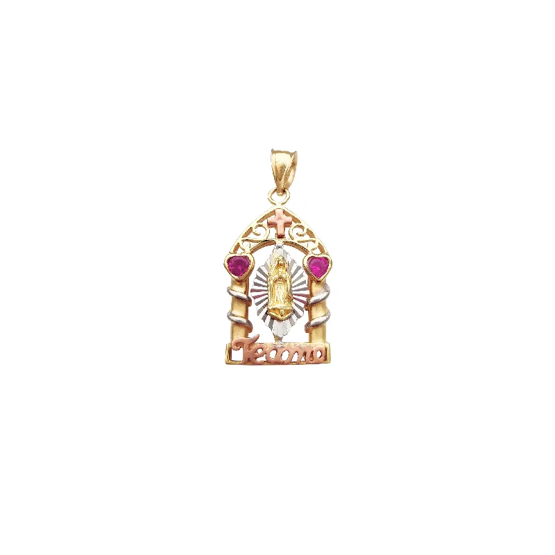 minimal diamond bar necklace Tricolor "Te Amo" Shrine Virgin Mary Pendant (14K)