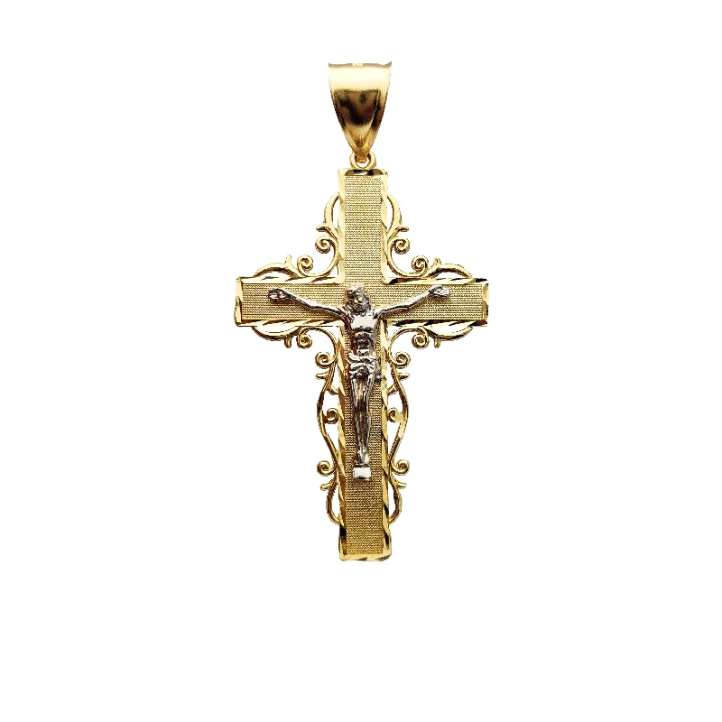 classic diamond hoop earrings Two-tone Cross Texture Pendant (14K)