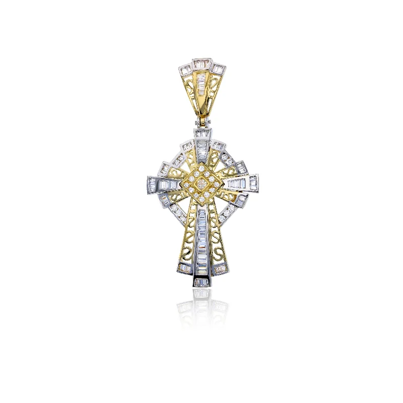 men’s braided leather bracelet Two-tone CZ Cross Pendant (14K)