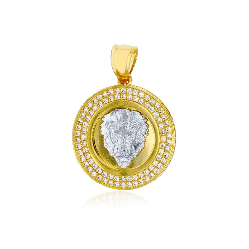 vintage locket necklace gold Two-tone CZ Micropave Lion Head Circle Pendant (14K)