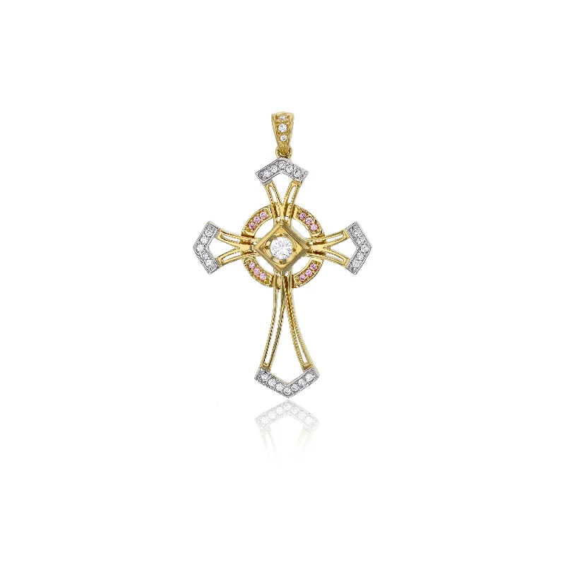 bold statement ring chunky Two-tone Pink & White CZ Cross Pendant (14K)