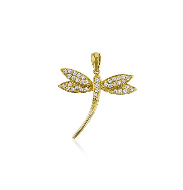 braided wedding ring men Yellow Gold CZ Dragonfly Pendant (14K)