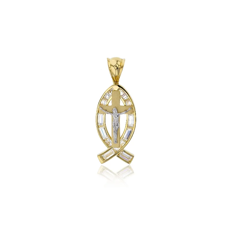 genuine ruby ring women Yellow Gold CZ Jesus Fish Cross Pendant (14K)