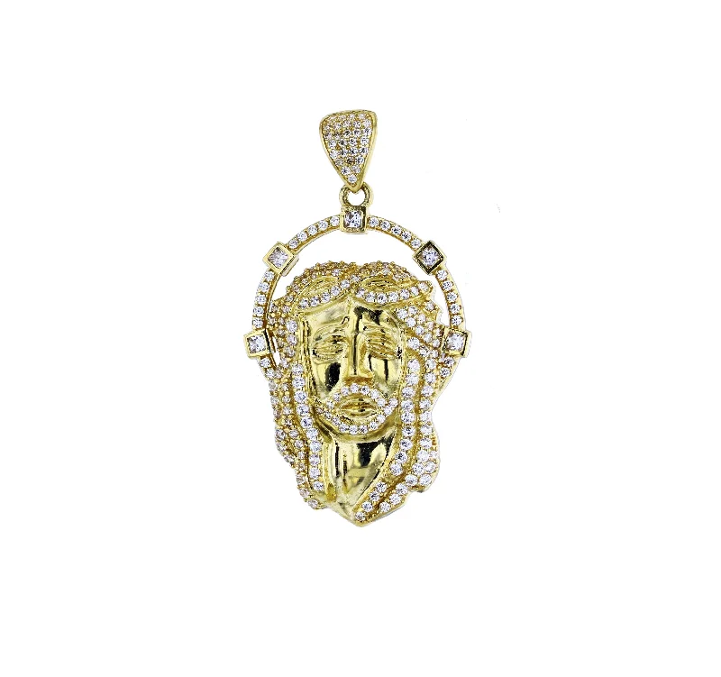 minimalist threader earrings gold Yellow Gold CZ Micropave Jesus Head Pendant (14K)