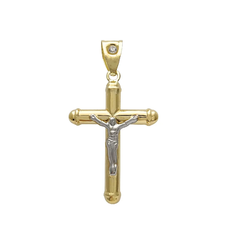 men’s engraved stainless steel bracelet Zirconia Bail Puffy Two-Tone Crucifix Pendant (14K)